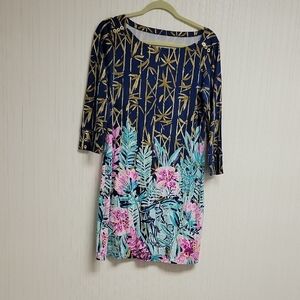 Lilly Pulitzer Blue & Gold Sophie Floral Dress Women's Medium Coastal